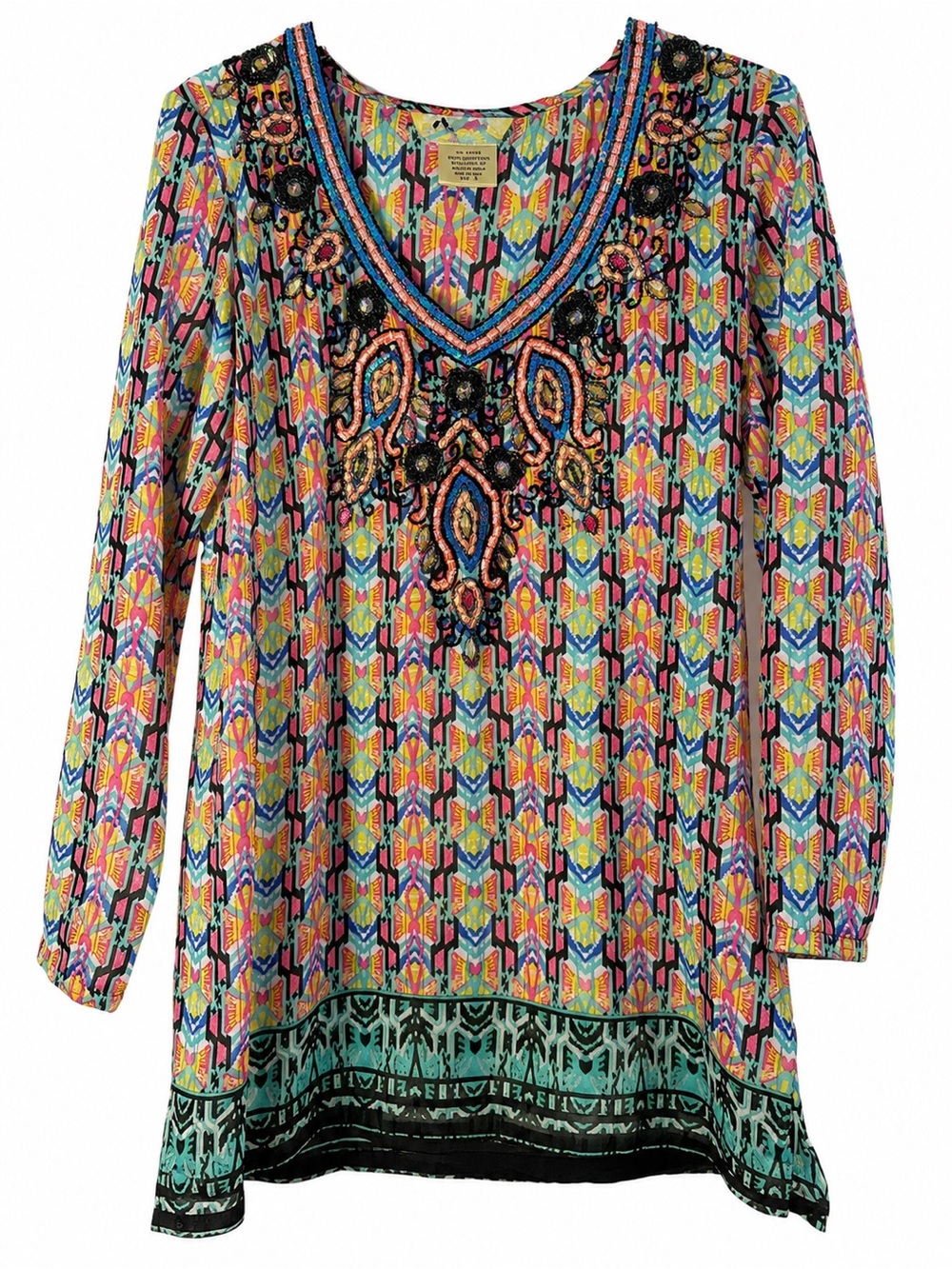 Lucky & Coco Resort Wear Multicolor Beaded V-Neck Tunic Blouse - Women